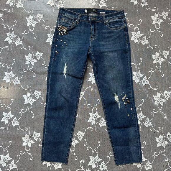 KUT From The Kloth Catherine Ankle Straight Leg Jewel Distressed Jean Size 2 - Picture 3 of 13